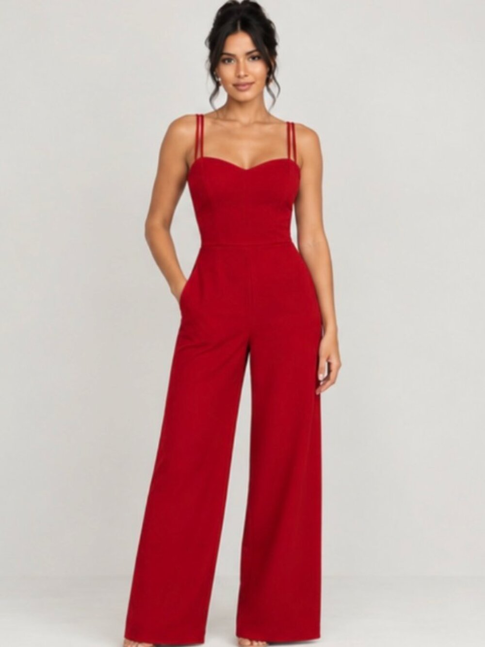 New Bebe Women’s Cherry Red Sweetheart Neckline Wide-Leg Jumpsuit – Size S